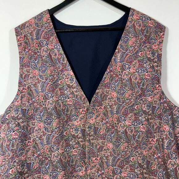 Vintage Pink Rose Vest Floral Print Navy Blue Open Plus Size Handmade Cottage - Picture 3 of 10